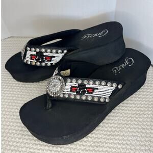 Grazie Platform Flip Flop Sandals Southwest-style beaded Studded Rhinestone S 10